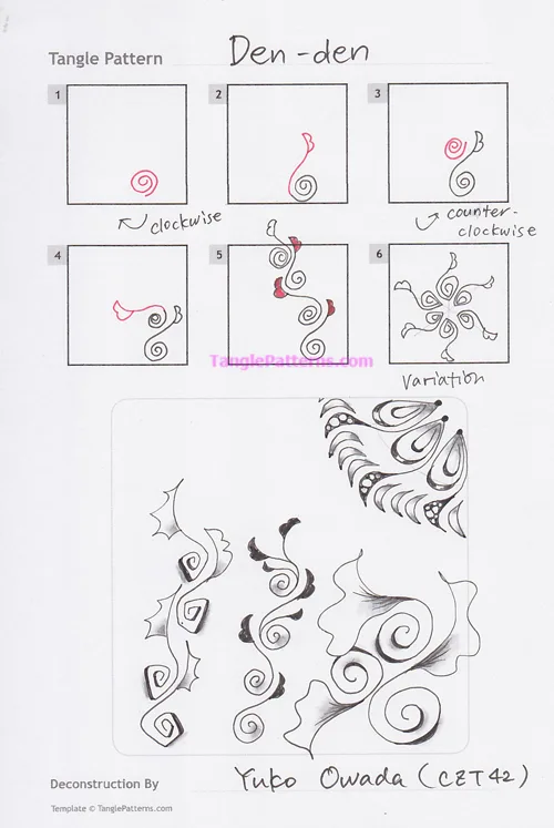 How to draw the Zentangle pattern Den-den, tangle and deconstruction by Yuko Owada. Image copyright the artist and used with permission, ALL RIGHTS RESERVED.