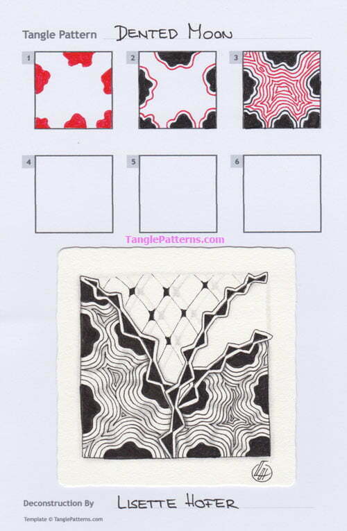 How to draw the Zentangle pattern Dented Moon, tangle and deconstruction by Lisette Hofer. Image copyright the artist and used with permission, ALL RIGHTS RESERVED.