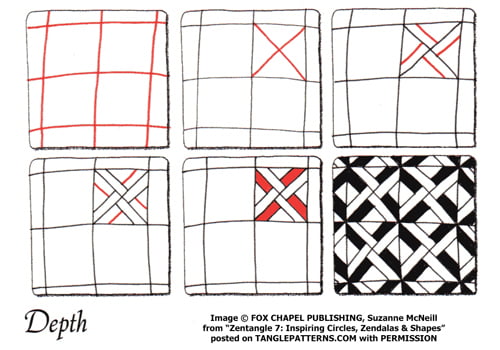 How to draw the Zentangle pattern Depth, tangle by and deconstruction by Suzanne McNeill. Image copyright the artist and used with permission, ALL RIGHTS RESERVED.