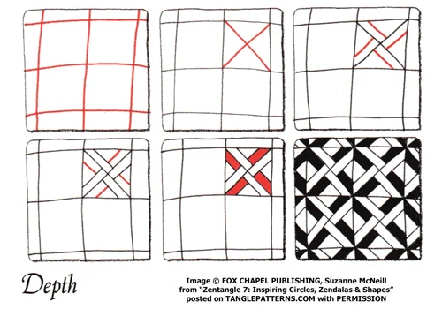 How to draw the Zentangle pattern Depth, tangle by and deconstruction by Suzanne McNeill. Image copyright the artist and used with permission, ALL RIGHTS RESERVED.