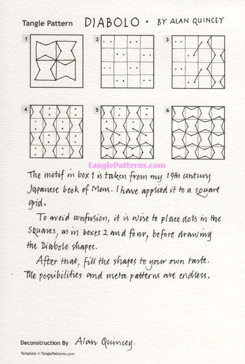 How to draw the Zentangle pattern Diabolo, tangle and deconstruction by Alan Quincey. Image copyright the artist and used with permission, ALL RIGHTS RESERVED.