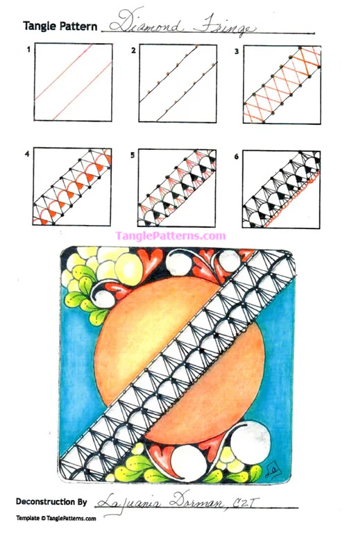 How to draw the Zentangle pattern Diamond Fringe, tangle and deconstruction by LaJuania Dorman. Image copyright the artist and used with permission, ALL RIGHTS RESERVED. How to draw the Zentangle pattern Diamond Fringe, tangle and deconstruction by LaJuania Dorman. Image copyright the artist and used with permission, ALL RIGHTS RESERVED.