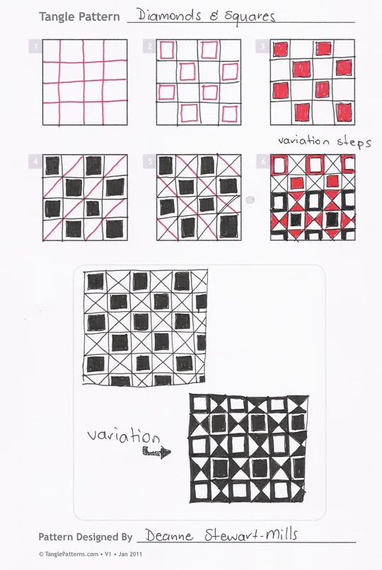 Steps for drawing Deanne Stewart-Mills' "Diamonds & Squares" tangle pattern Steps for drawing Deanne Stewart-Mills' "Diamonds & Squares" tangle pattern