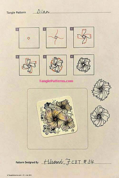 How to draw the Zentangle pattern Dian, tangle and deconstruction by Hiromi Fukuoka. Image copyright the artist and used with permission, ALL RIGHTS RESERVED.