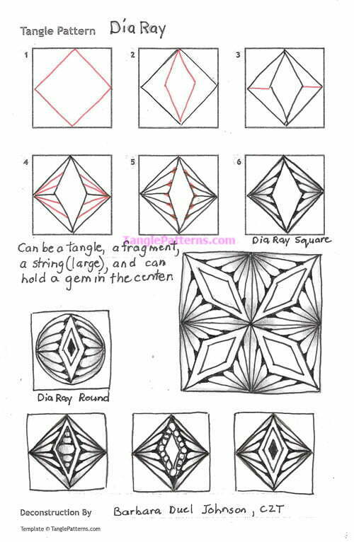 How to draw the Zentangle pattern DiaRay, tangle and deconstruction by Barbara Duel Johnson. Image copyright the artist and used with permission, ALL RIGHTS RESERVED.