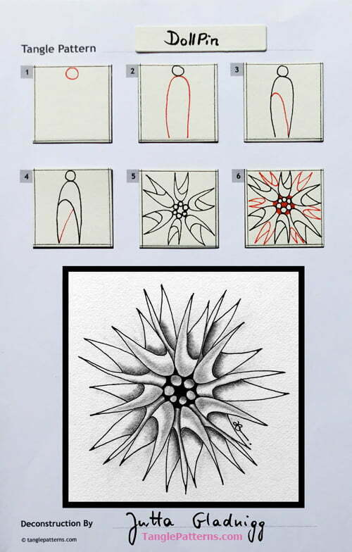 How to draw the Zentangle pattern DollPin, tangle and deconstruction by Jutta Gladnigg. Image copyright the artist and used with permission, ALL RIGHTS RESERVED.