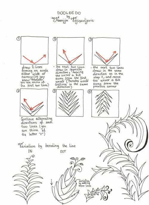 Steps for drawing Ksenija's Dooleedo tangle pattern