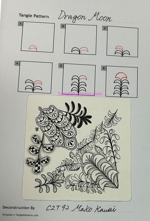 How to draw the Zentangle pattern Dragon Moon, tangle and deconstruction by Mako Kawai. Image copyright the artist and used with permission, ALL RIGHTS RESERVED. How to draw the Zentangle pattern Dragon Moon, tangle and deconstruction by Mako Kawai. Image copyright the artist and used with permission, ALL RIGHTS RESERVED.