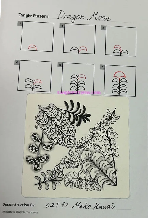 How to draw the Zentangle pattern Dragon Moon, tangle and deconstruction by Mako Kawai. Image copyright the artist and used with permission, ALL RIGHTS RESERVED.