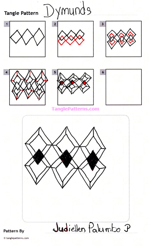 How to draw the Zentangle pattern Dymunds, tangle and deconstruction by Judiellen Palumbo. Image copyright the artist and used with permission, ALL RIGHTS RESERVED.