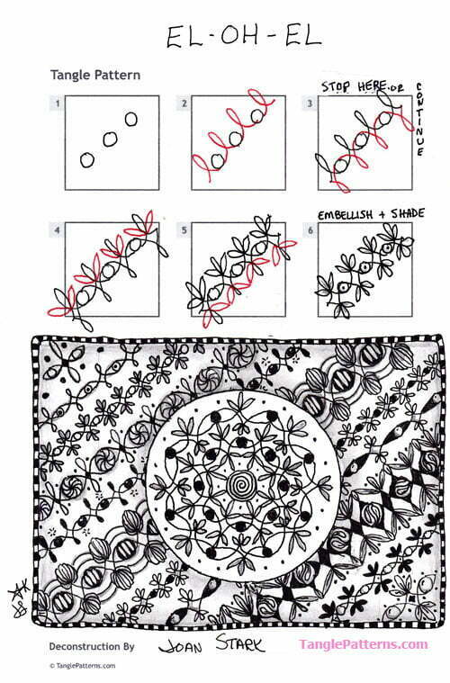 How to draw the Zentangle pattern El-oh-el, tangle and deconstruction by Joan Stark. Image copyright the artist and used with permission, ALL RIGHTS RESERVED.