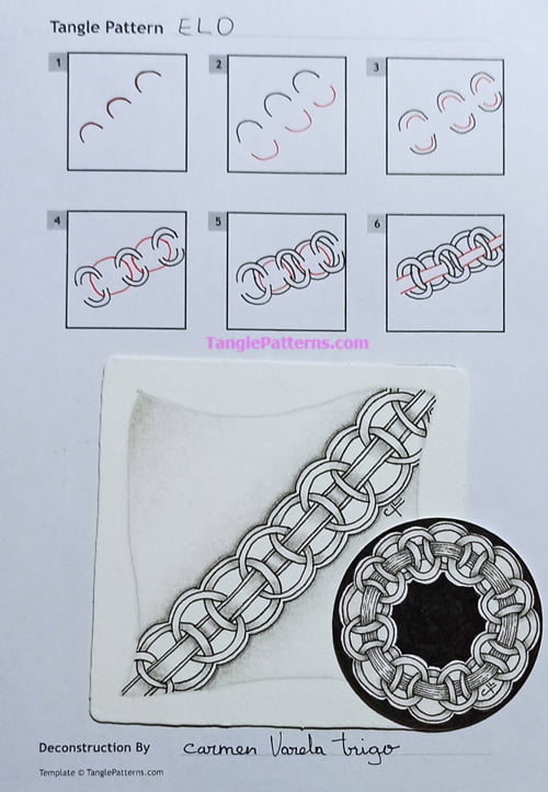 How to draw the Zentangle pattern Elo, tangle and deconstruction by Carmen Varela Trigo. Image copyright the artist and used with permission, ALL RIGHTS RESERVED.