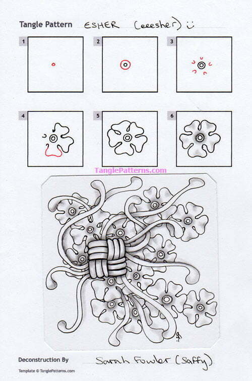 How to draw the Zentangle pattern Esher, tangle and deconstruction by Sarah Fowler. Image copyright the artist and used with permission, ALL RIGHTS RESERVED.