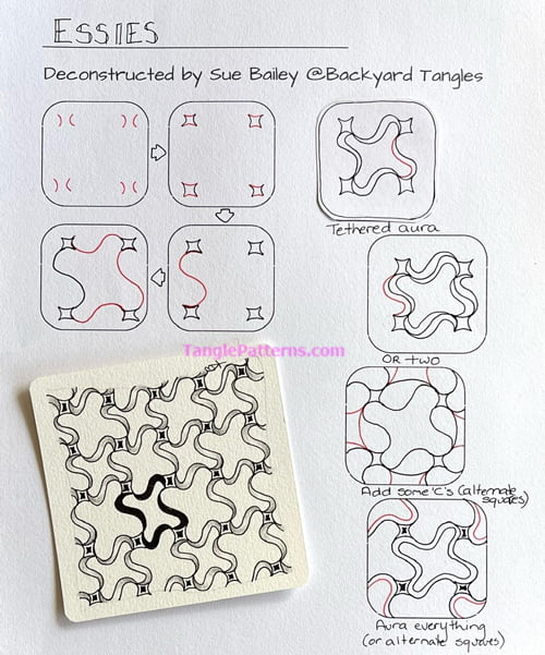 How to draw the Zentangle pattern Essies, tangle and deconstruction by Sue Bailey. Image copyright the artist and used with permission, ALL RIGHTS RESERVED.