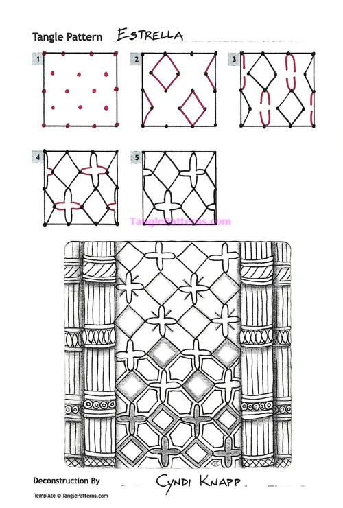 How to draw the Zentangle pattern Estrella, tangle and deconstruction by Cyndi Knapp. Image copyright the artist and used with permission, ALL RIGHTS RESERVED.