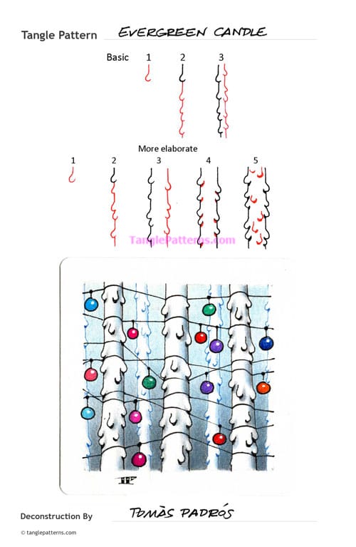 How to draw the Zentangle pattern Evergreen Candle, tangle and deconstruction by Tomàs Padrós. Image copyright the artist and used with permission, ALL RIGHTS RESERVED.