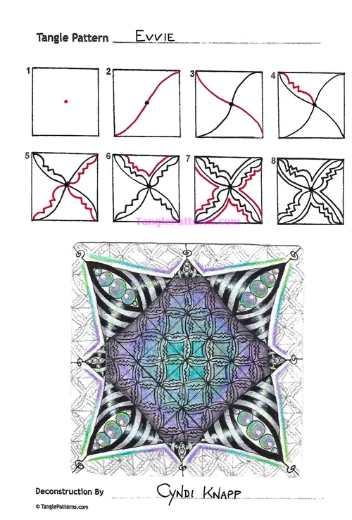 How to draw the Zentangle pattern Evvie, tangle and deconstruction by Cyndi Knapp. Image copyright the artist and used with permission, ALL RIGHTS RESERVED. How to draw the Zentangle pattern Evvie, tangle and deconstruction by Cyndi Knapp. Image copyright the artist and used with permission, ALL RIGHTS RESERVED.