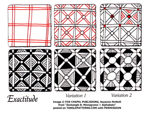 How to draw the Zentangle pattern Exactitude, tangle and deconstruction by Suzanne McNeill. Image copyright the artist and used with permission, ALL RIGHTS RESERVED.