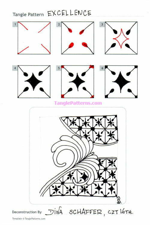 How to draw the Zentangle pattern Excellence, tangle and deconstruction by Dina Schaffer. Image copyright the artist and used with permission, ALL RIGHTS RESERVED.