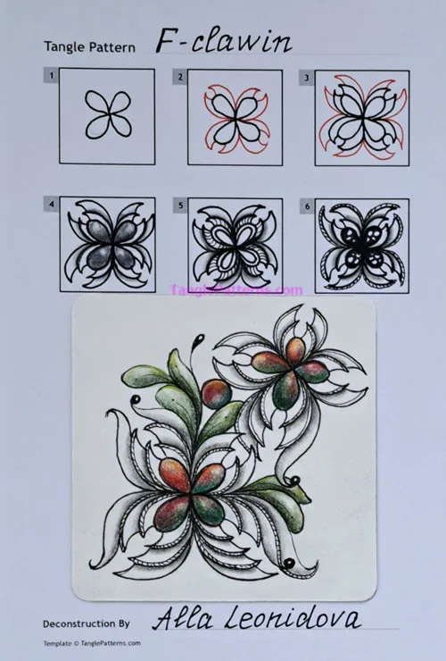 How to draw the Zentangle pattern F-clawin, tangle and deconstruction by Alla Leonidova Image copyright the artist and used with permission, ALL RIGHTS RESERVED.