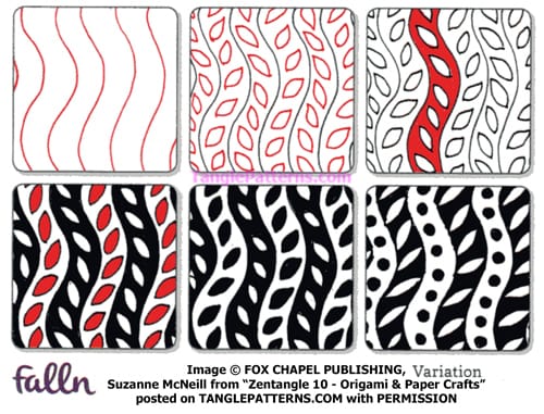 How to draw the Zentangle pattern Falln, tangle and deconstruction by Suzanne McNeill. Image copyright the artist and used with permission, ALL RIGHTS RESERVED.
