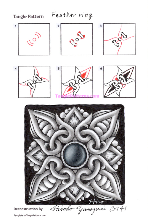How to draw the Zentangle pattern Feather Ring, tangle and deconstruction by Hiroko Yamazumi. Image copyright the artist and used with permission, ALL RIGHTS RESERVED.