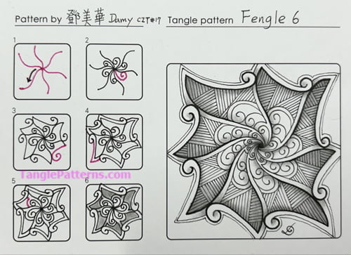 How to draw the Zentangle pattern Fengle 6, tangle and deconstruction by Damy Teng. Image copyright the artist and used with permission, ALL RIGHTS RESERVED.