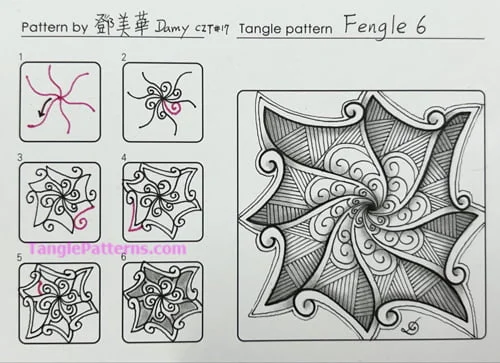 How to draw the Zentangle pattern Fengle 6, tangle and deconstruction by Damy Teng. Image copyright the artist and used with permission, ALL RIGHTS RESERVED. How to draw the Zentangle pattern Fengle 6, tangle and deconstruction by Damy Teng. Image copyright the artist and used with permission, ALL RIGHTS RESERVED.