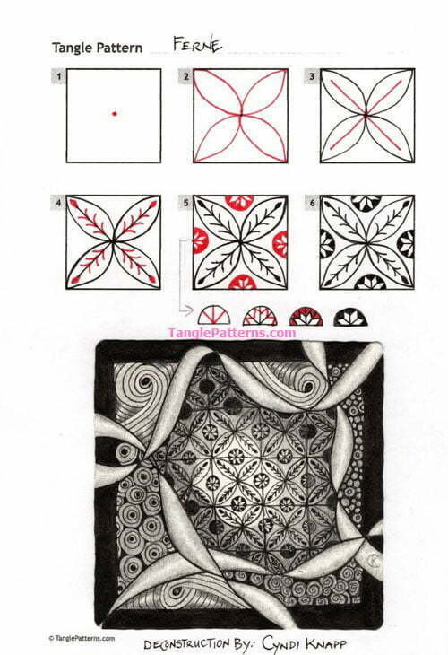 How to draw the Zentangle pattern Ferne, tangle and deconstruction by Cyndi Knapp. Image copyright the artist and used with permission, ALL RIGHTS RESERVED.