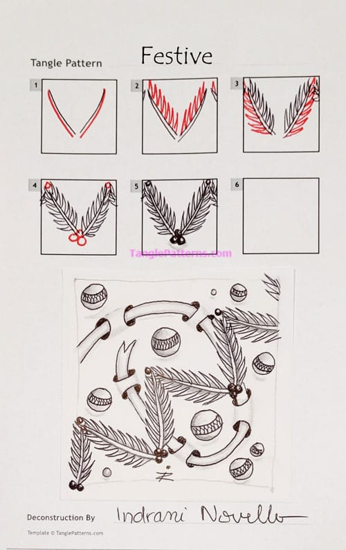 How to draw the Zentangle pattern Festive, tangle and deconstruction by Indrani Novello. Image copyright the artist and used with permission, ALL RIGHTS RESERVED.