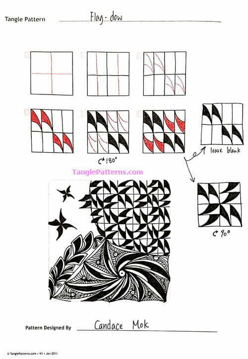 How to draw the Zentangle pattern Flag-dow, tangle and deconstruction by Candace Mok. Image copyright the artist and used with permission, ALL RIGHTS RESERVED.