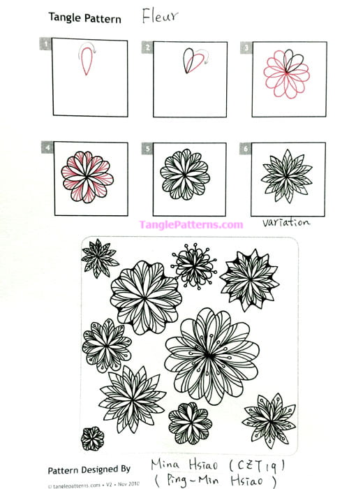 How to draw the Zentangle pattern Fleur, tangle and deconstruction by Mina Hsiao. Image copyright the artist and used with permission, ALL RIGHTS RESERVED.