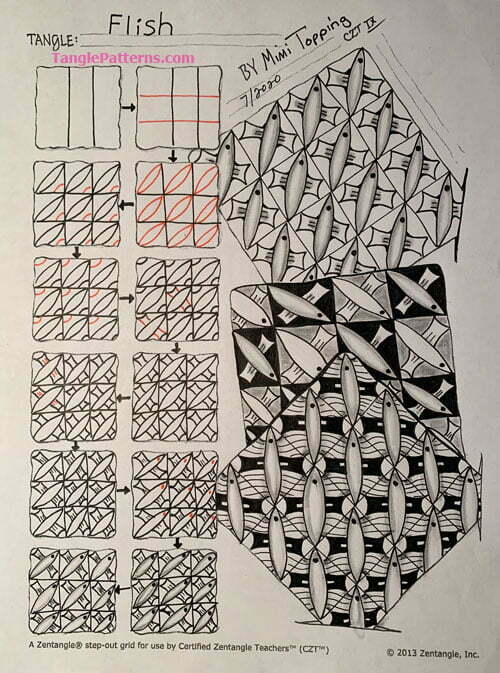 How to draw the Zentangle pattern Flish, tangle and deconstruction by Mimi Topping. Image copyright the artist and used with permission, ALL RIGHTS RESERVED.