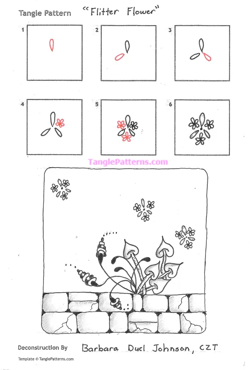 How to draw the Zentangle pattern Flitter Flower, tangle and deconstruction by Barbara Johnson. Image copyright the artist and used with permission, ALL RIGHTS RESERVED.