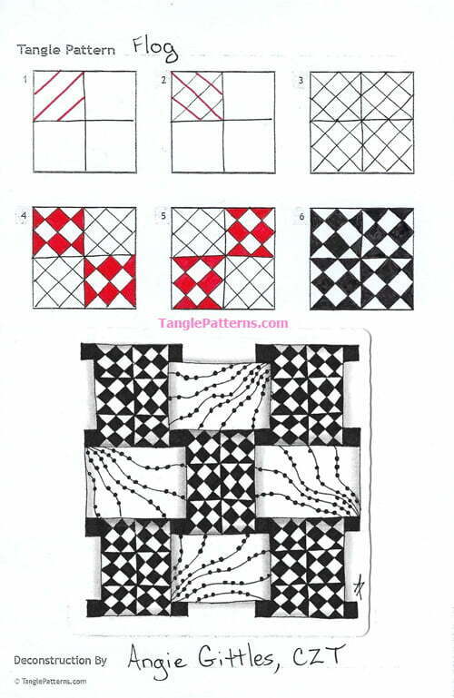 How to draw the Zentangle pattern Flog, tangle and deconstruction by Angie Gittles. Image copyright the artist and used with permission, ALL RIGHTS RESERVED.