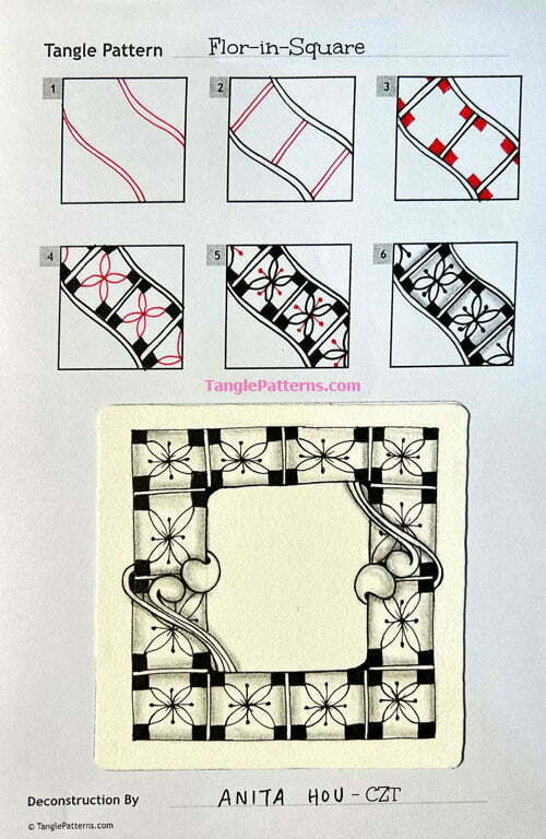 How to draw the Zentangle pattern Flor-in-Square, tangle and deconstruction by Anita Hou. Image copyright the artist and used with permission, ALL RIGHTS RESERVED.