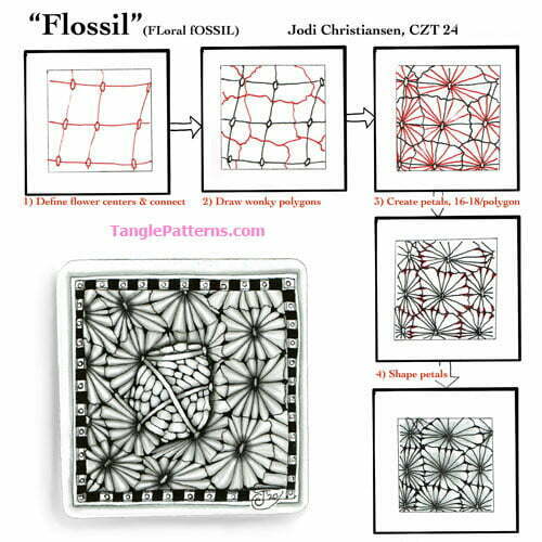 How to draw the Zentangle pattern Flossil, tangle and deconstruction by Jodi Christiansen. Image copyright the artist and used with permission, ALL RIGHTS RESERVED.