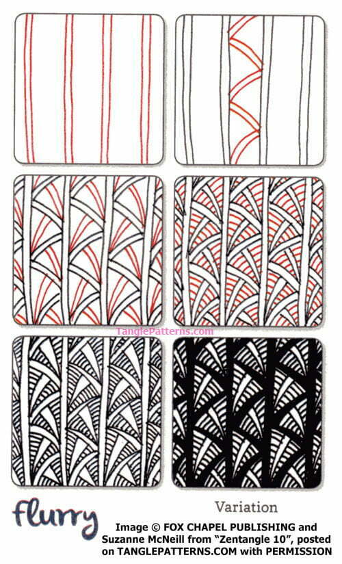 How to draw the Zentangle pattern Flurry, tangle and deconstruction by Suzanne McNeill. Image copyright the artist and used with permission, ALL RIGHTS RESERVED.