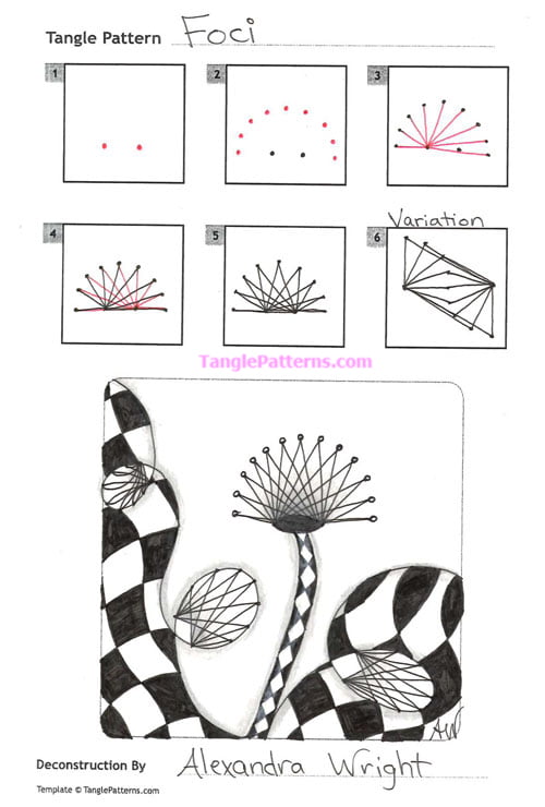 How to draw the Zentangle pattern Foci, tangle and deconstruction by Alexandra Wright. Image copyright the artist and used with permission, ALL RIGHTS RESERVED.