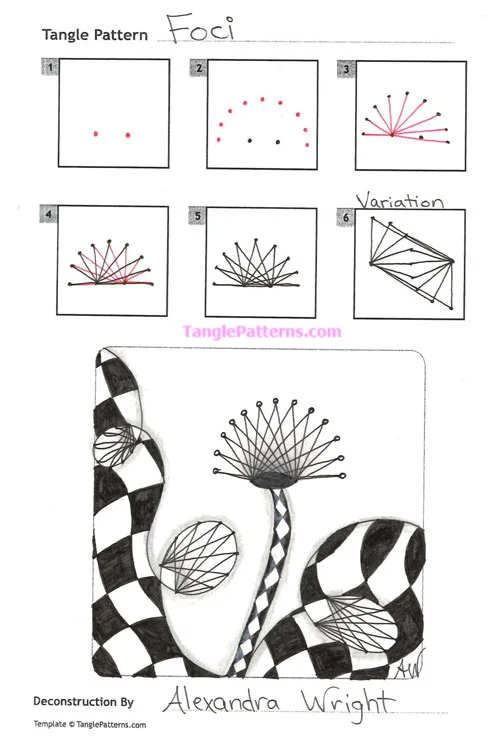 How to draw the Zentangle pattern Foci, tangle and deconstruction by Alexandra Wright. Image copyright the artist and used with permission, ALL RIGHTS RESERVED. How to draw the Zentangle pattern Foci, tangle and deconstruction by Alexandra Wright. Image copyright the artist and used with permission, ALL RIGHTS RESERVED.