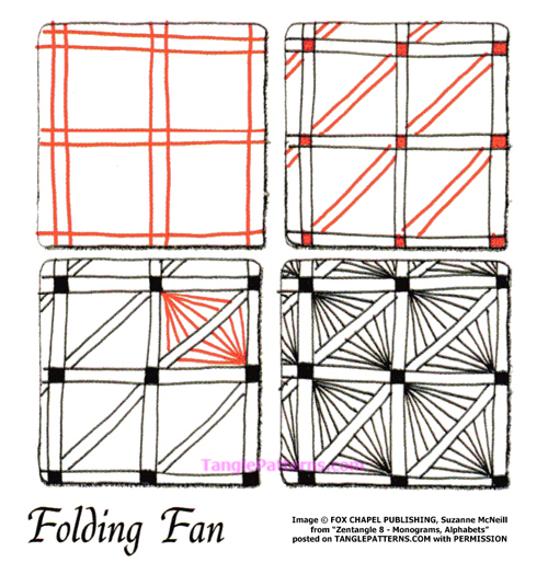 How to draw the Zentangle pattern Folding Fan, tangle and deconstruction by Suzanne McNeill. Image copyright the artist and used with permission, ALL RIGHTS RESERVED. How to draw the Zentangle pattern Folding Fan, tangle and deconstruction by Suzanne McNeill. Image copyright the artist and used with permission, ALL RIGHTS RESERVED.