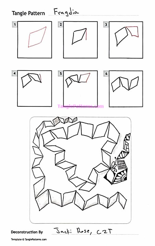 How to draw the Zentangle pattern Fragdia, tangle and deconstruction by Jacki Rose. Image copyright the artist and used with permission, ALL RIGHTS RESERVED. How to draw the Zentangle pattern Fragdia, tangle and deconstruction by Jacki Rose. Image copyright the artist and used with permission, ALL RIGHTS RESERVED.
