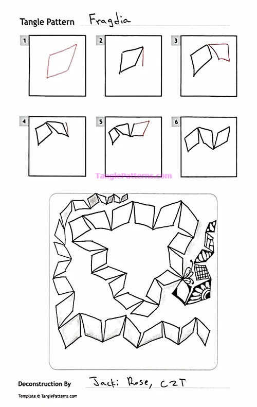 How to draw the Zentangle pattern Fragdia, tangle and deconstruction by Jacki Rose. Image copyright the artist and used with permission, ALL RIGHTS RESERVED. How to draw the Zentangle pattern Fragdia, tangle and deconstruction by Jacki Rose. Image copyright the artist and used with permission, ALL RIGHTS RESERVED.