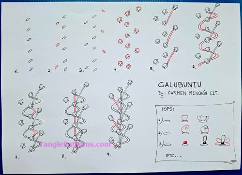 How to draw the Zentangle pattern Galubuntu, tangle and deconstruction by Carmen Menchón. Image copyright the artist and used with permission, ALL RIGHTS RESERVED.