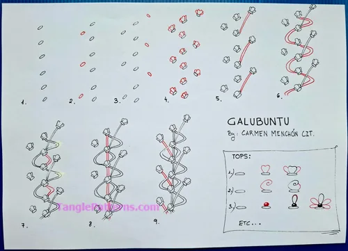 How to draw the Zentangle pattern Galubuntu, tangle and deconstruction by Carmen Menchón. Image copyright the artist and used with permission, ALL RIGHTS RESERVED.