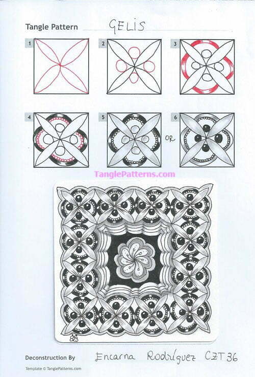 How to draw the Zentangle pattern Gelis, tangle and deconstruction by Encarna Rodriguez. Image copyright the artist and used with permission, ALL RIGHTS RESERVED.