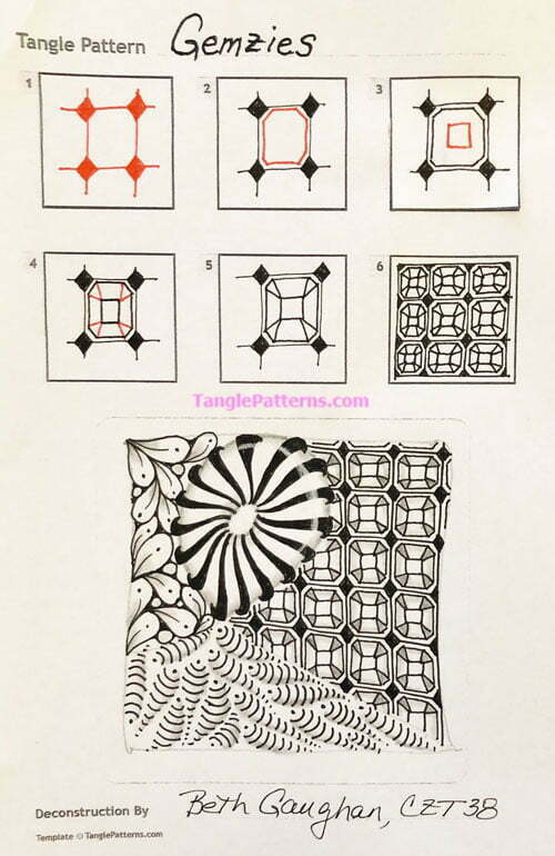 How to draw the Zentangle pattern Gemzies, tangle and deconstruction by Beth Gaughan. Image copyright the artist and used with permission, ALL RIGHTS RESERVED.