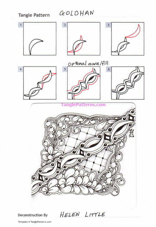 How to draw the Zentangle pattern Goldhan, tangle and deconstruction by Helen Little. Image copyright the artist and used with permission, ALL RIGHTS RESERVED.