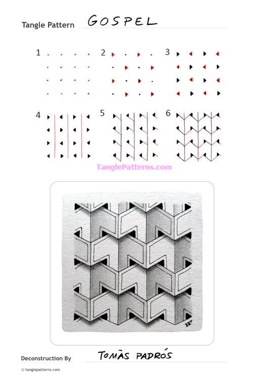 How to draw the Zentangle pattern Gospel, tangle and deconstruction by Tomàs Padrós. Image copyright the artist and used with permission, ALL RIGHTS RESERVED.