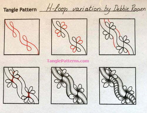How to draw the Zentangle pattern H-loop, tangle and deconstruction by Debbie Raaen. Image copyright the artist and used with permission, ALL RIGHTS RESERVED.
